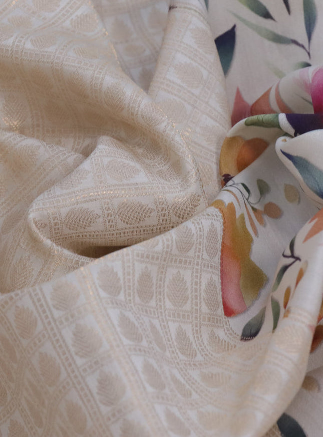Banarasi silk saree cream with allover zari woven brocade weaves and floral digital printed border