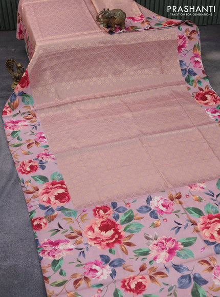 Banarasi silk saree pastel pink with allover zari woven brocade weaves and floral digital printed border