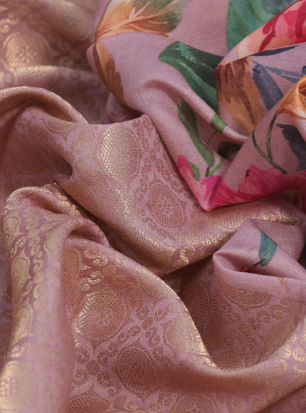 Banarasi silk saree pastel pink with allover zari woven brocade weaves and floral digital printed border