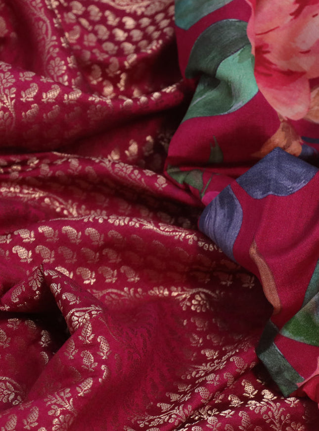 Banarasi silk saree pink with allover zari woven brocade weaves and floral digital printed border