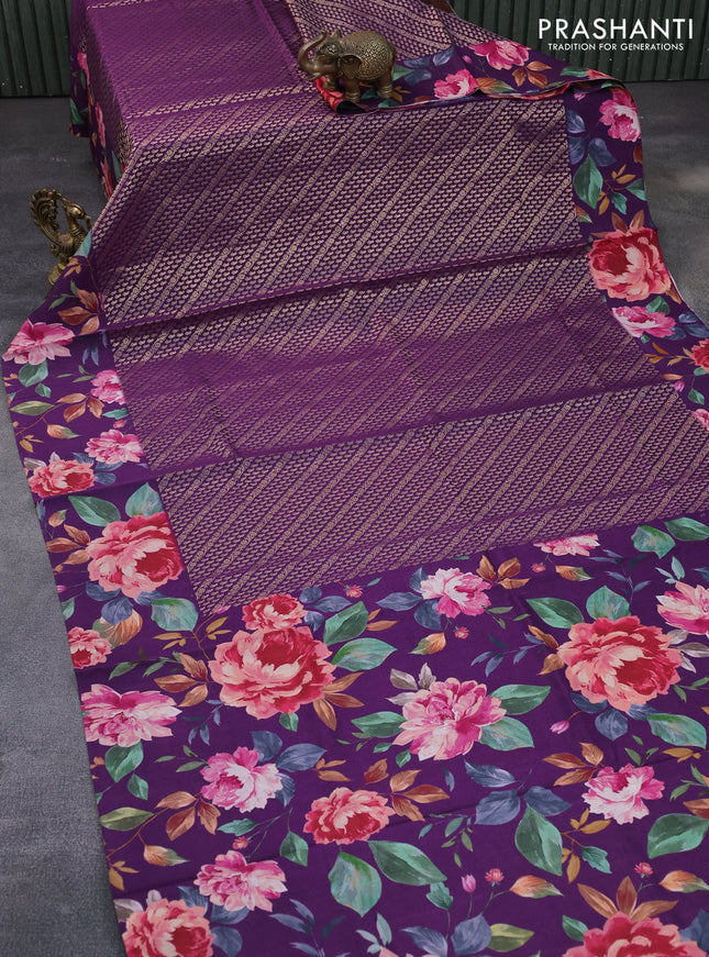 Banarasi silk saree deep purple with allover zari woven brocade weaves and floral digital printed border