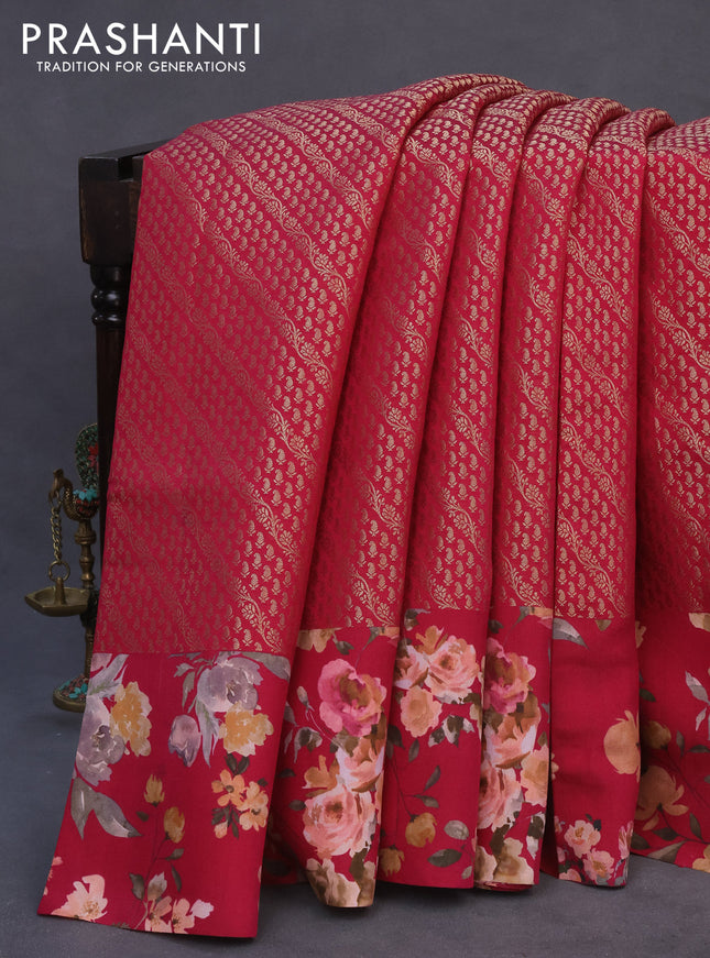 Banarasi silk saree dark pink with allover zari woven brocade weaves and floral digital printed border