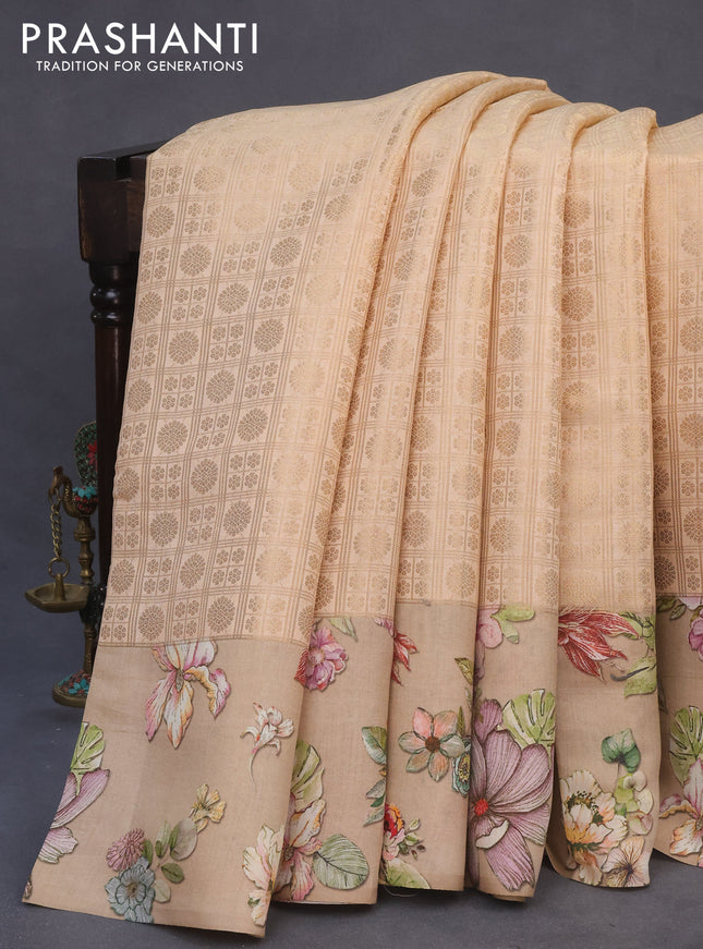 Banarasi silk saree sandal with allover zari woven brocade weaves and floral digital printed border