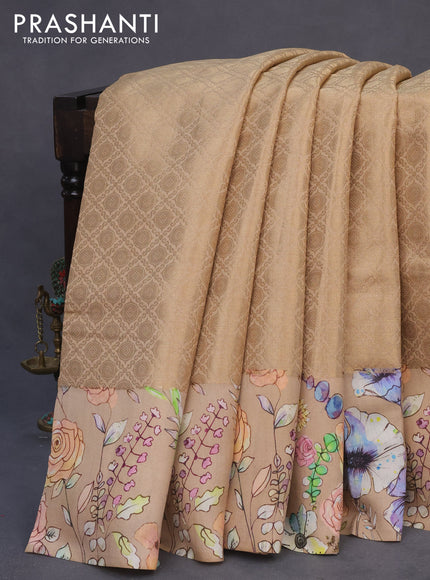 Banarasi silk saree sandal with allover zari woven brocade weaves and floral digital printed border