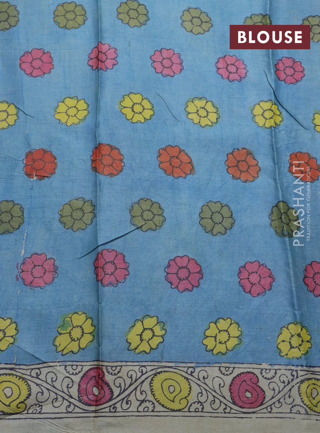 Tussar silk saree yellow and beige with allover hand painted pen kalamkari prints and printed border