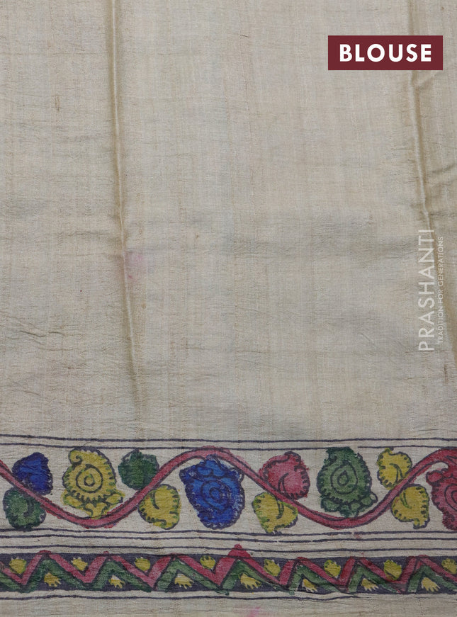 Tussar silk saree grey and beige with allover hand painted pen kalamkari prints and printed border