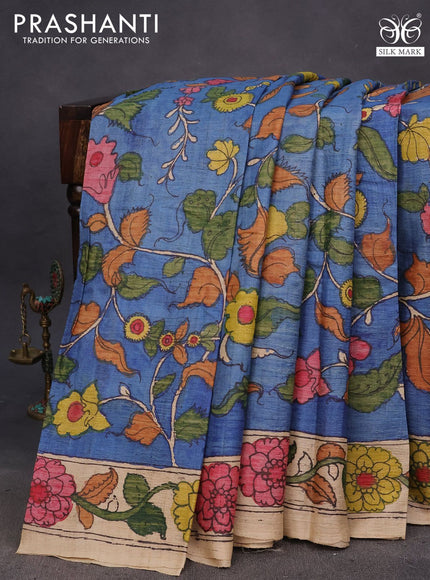 Tussar silk saree blue and beige with allover hand painted pen kalamkari prints and printed border