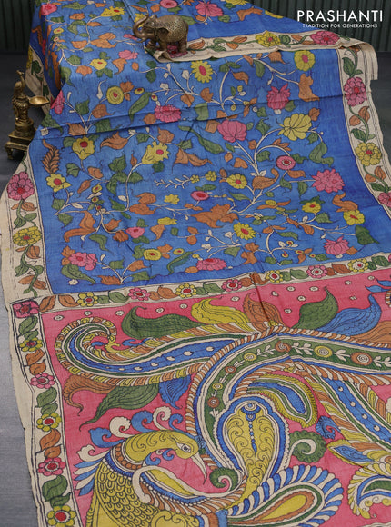 Tussar silk saree blue and beige with allover hand painted pen kalamkari prints and printed border