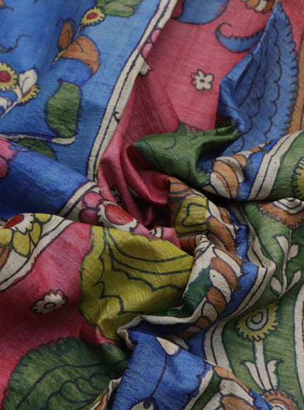 Tussar silk saree blue and beige with allover hand painted pen kalamkari prints and printed border