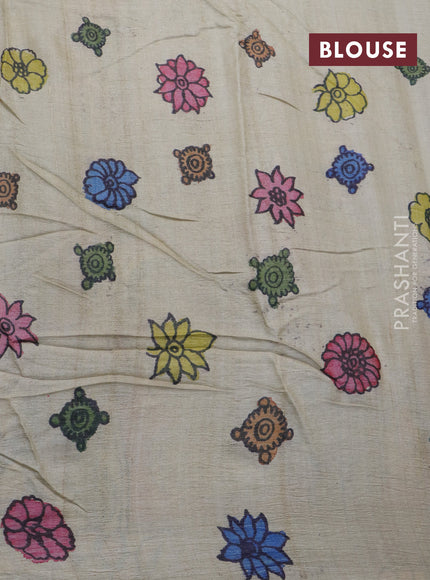 Tussar silk saree blue and beige with allover hand painted pen kalamkari prints and printed border
