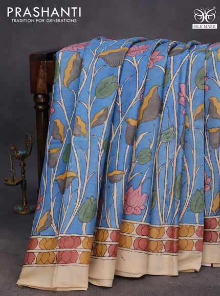 Tussar silk saree blue and beige with allover hand painted pen kalamkari prints and printed border