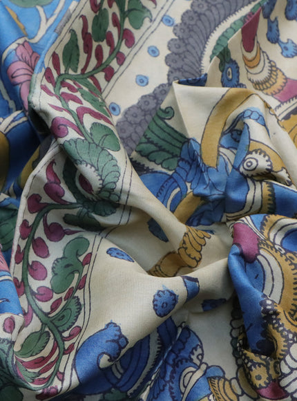 Tussar silk saree blue and beige with allover hand painted pen kalamkari prints and printed border