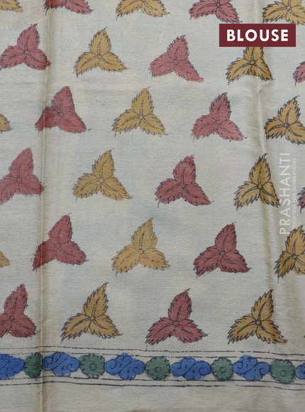 Tussar silk saree blue and beige with allover hand painted pen kalamkari prints and printed border
