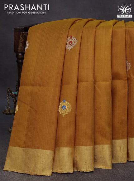 Pure raw silk saree cs blue and mustard yellow with silver & gold zari woven buttas and zari woven border