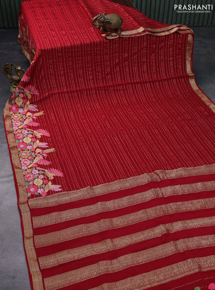 Pure crepe saree red with allover zari weaves & embroidery work and zari woven border