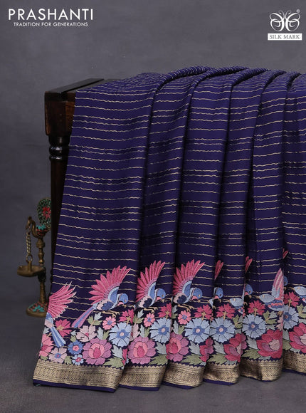 Pure crepe saree dark blue with allover zari weaves & embroidery work and zari woven border