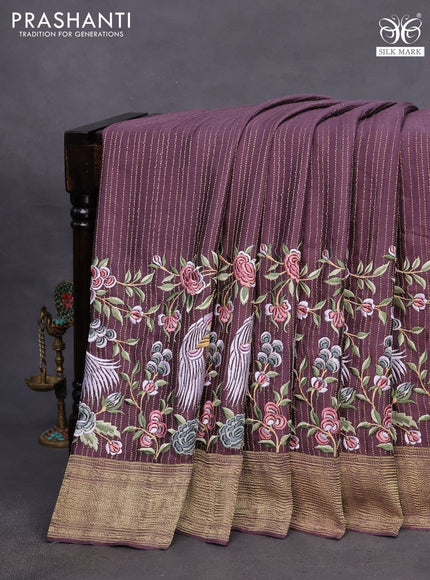 Pure crepe saree pastel jamun shade with allover zari weaves & embroidery work and zari woven border