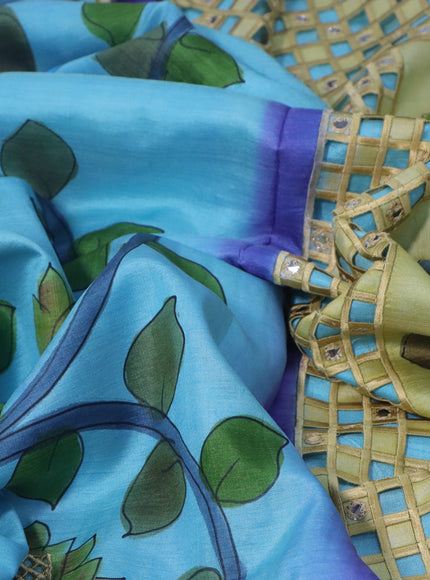 Pure tussar silk saree light blue with kalamkari hand painted prints & cut work and cut work border