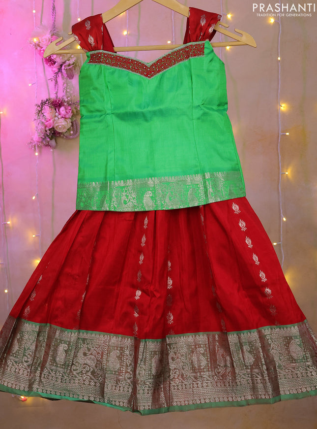 Silk kids lehenga light green and red with simple aari work neck pattern and silver zari buttas & zari border for 3-4 years