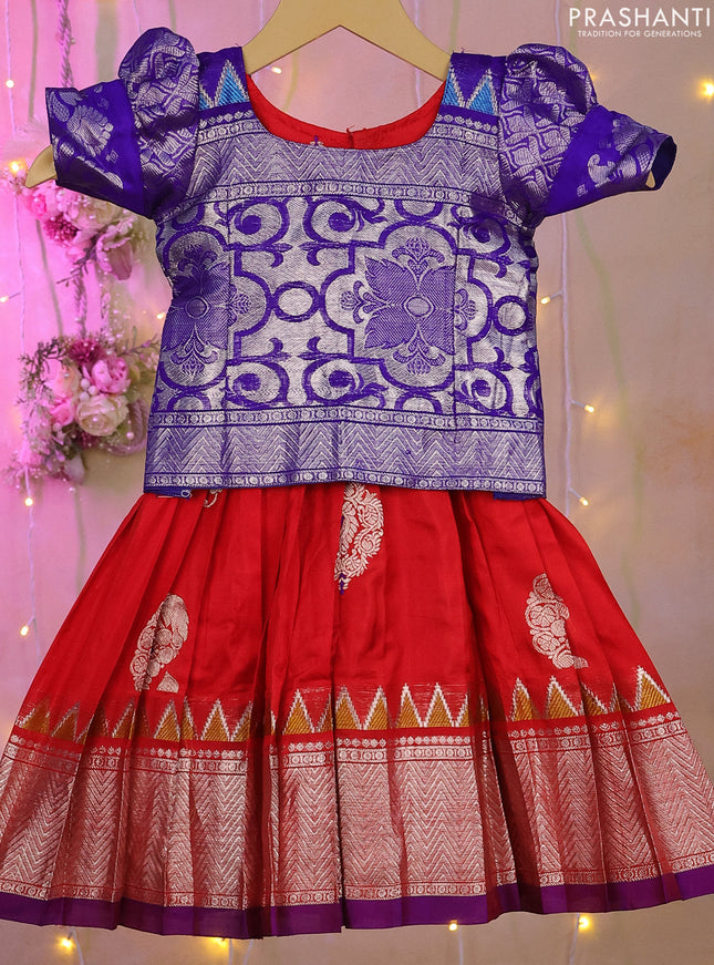Silk kids lehenga blue and red with silver zari woven brocade weaves and silver zari buttas & zari border for 0-1 years