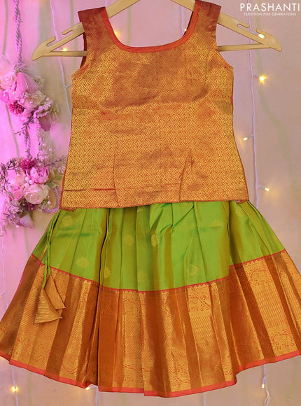 Silk kids lehenga dual shade of mustard and light green with zari woven brocade weaves and zari buttas & zari border for 1-2 years