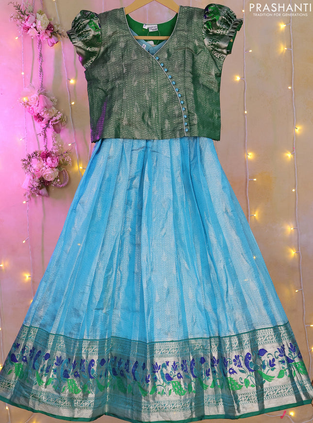 Silk kids lehenga green and light blue with silver zari woven brocade weaves & puff sleeve and silver zari woven paithani style border for 7-8 years