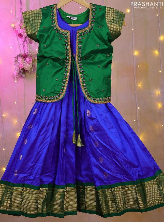 Silk kids lehenga green and royal blue with aari work neck pattern and zari buttas & zari border for 4-5 years