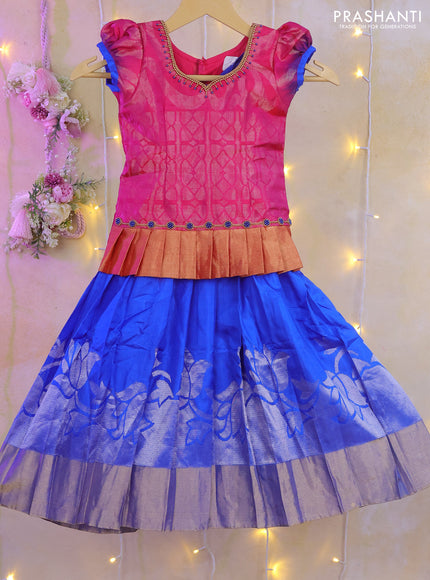 Silk kids lehenga pink and blue with silver zari woven brocade weaves & aari work neck and silver zari woven buttas & border for 3-4 years