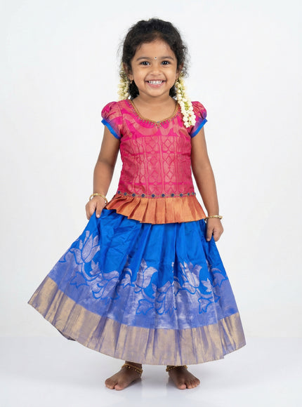Silk kids lehenga pink and blue with silver zari woven brocade weaves & aari work neck and silver zari woven buttas & border for 3-4 years