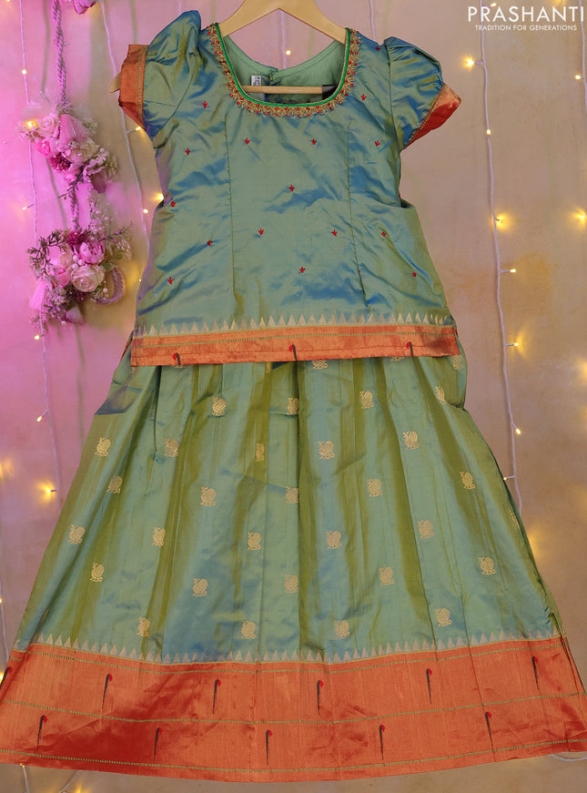 Silk kids lehenga dual top dual shade of teal green red and dual shade of blue with aari work neck pattern & puff sleeve and zari woven muniya butta border for 7-8 years