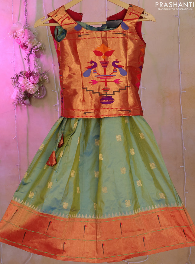 Silk kids lehenga dual top dual shade of teal green and dual shade of blue with aari work neck pattern & coat type and zari woven buttas & paithani style border for 7-8 years