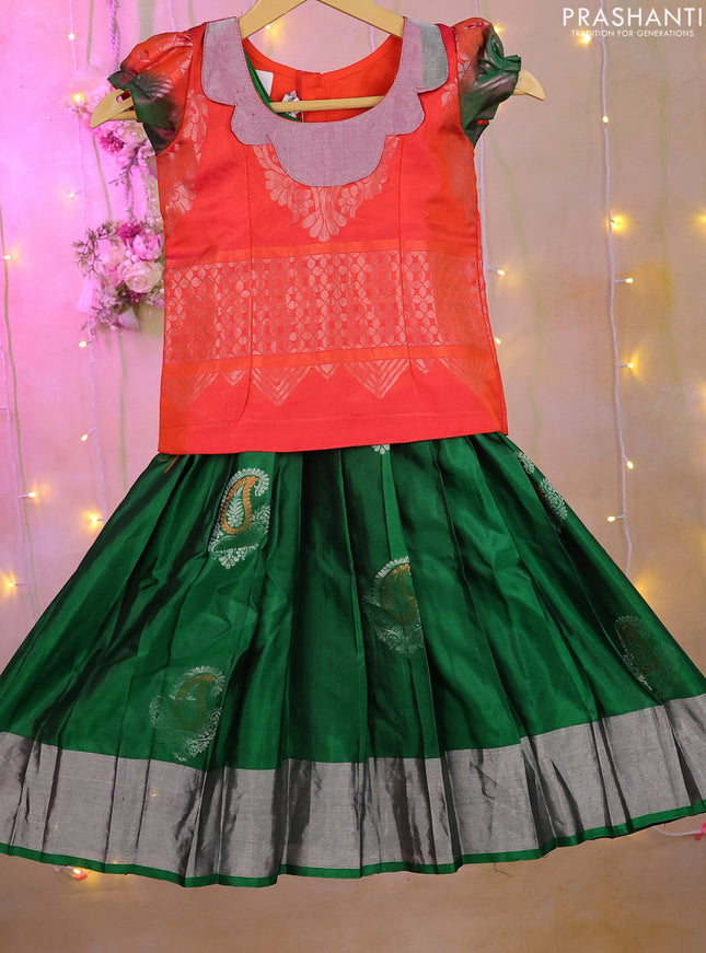 Silk kids lehenga dual shade of orange and green with silver zari woven brocade weaves & patch work neck pattern and silver zari buttas & silver border for 3-4 years