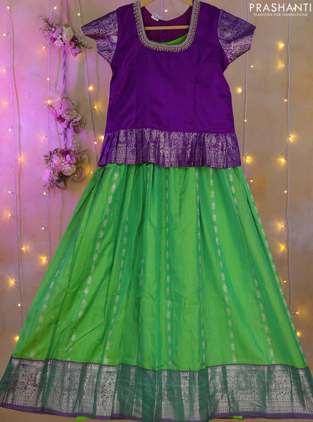 Silk kids lehenga purple and light green with aari work neck pattern and silver zari weaves & silver zari border for 9-10 years
