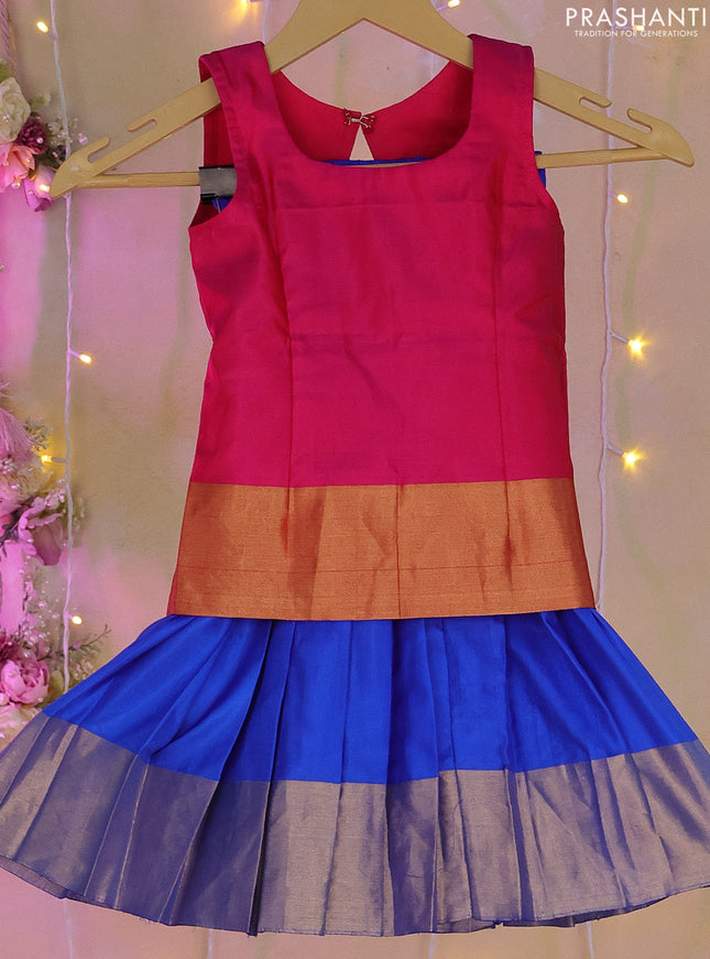 Silk kids lehenga pink and royal blue with plain body and zari woven border for 1-2 years
