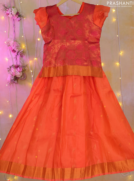 Silk kids lehenga dual shade of pinkish orange with zari woven brocade weaves and zari woven border for 8-9 years