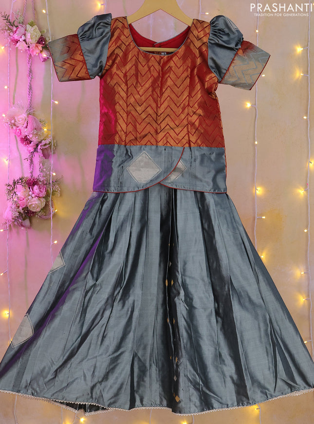 Silk kids lehenga grey and maroon with zari woven brocade weaves & puff sleeve and beaded work border for 5-6 years