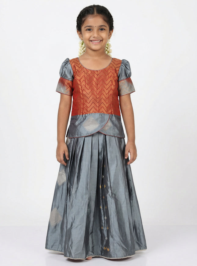 Silk kids lehenga grey and maroon with zari woven brocade weaves & puff sleeve and beaded work border for 5-6 years