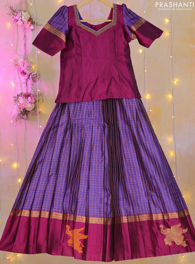 Silk kids lehenga purple and blue with aari work neck pattern and checked pattern & zari woven simple border for 8-9 years