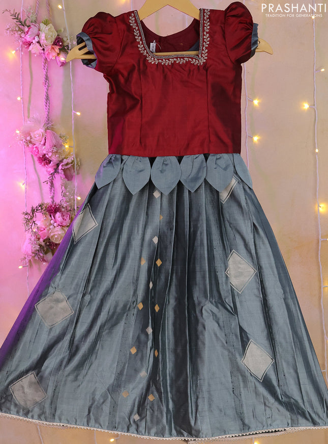 Silk kids lehenga maroon and grey with aari work neck pattern and beaded work border for 4-5 years
