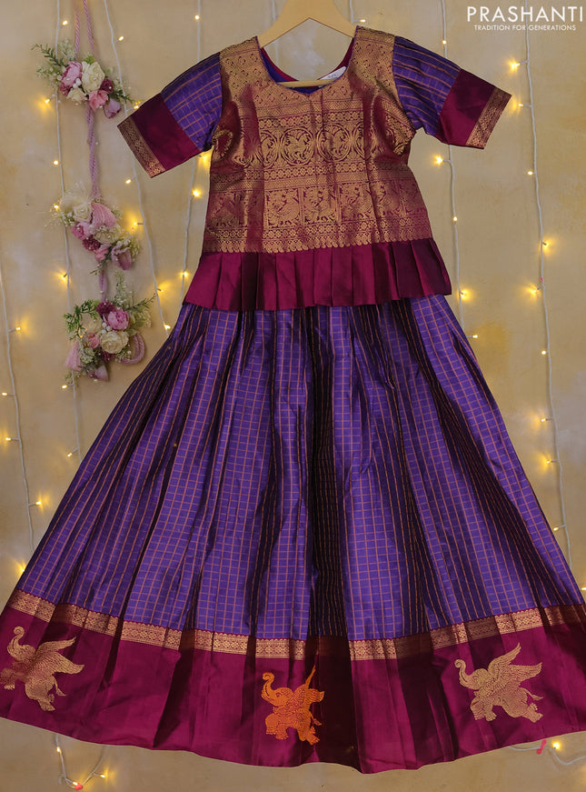 Silk kids lehenga deep purple and blue with zari woven brocade weaves and checked pattern & zari border for 7-8 years