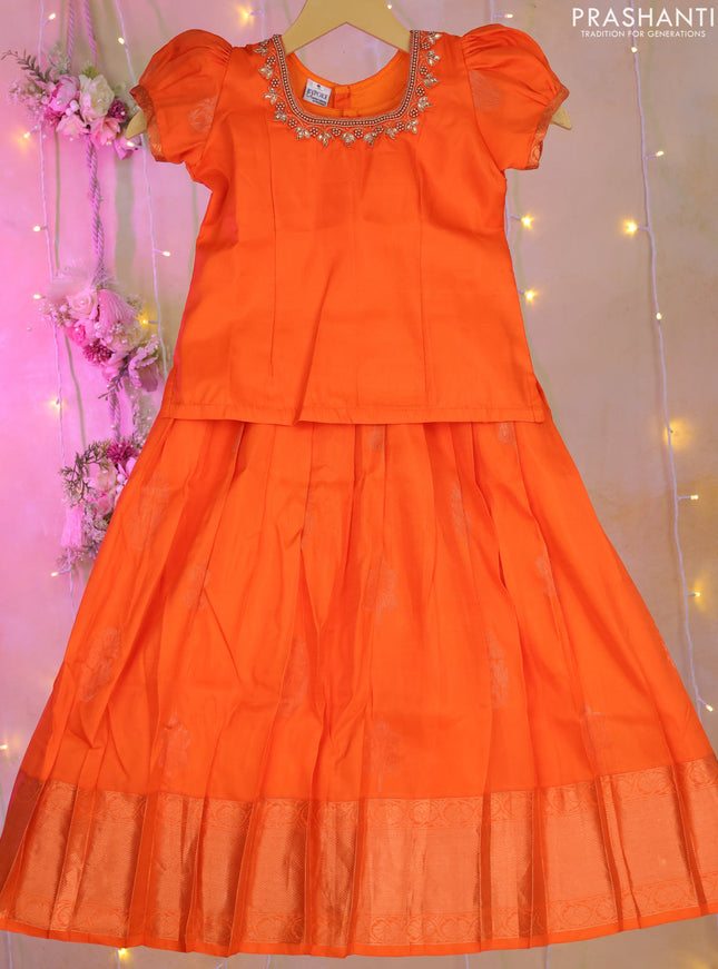 Silk kids lehenga orange with aari work neck pattern and zari buttas & zari woven border for 4-5 years