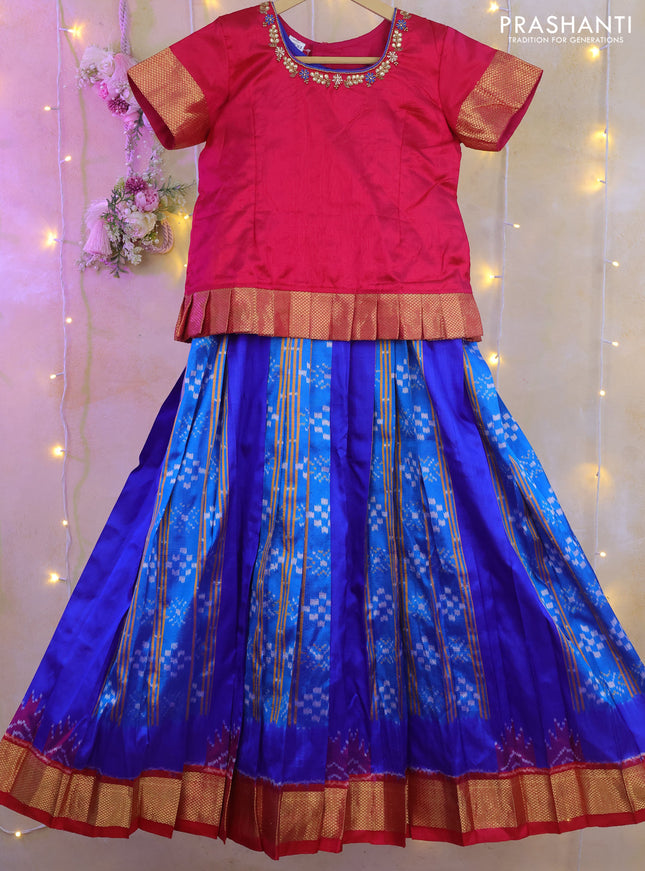 Silk kids lehenga pink and blue with aari work neck pattern and ikat weaves & zari border for 8-9 years