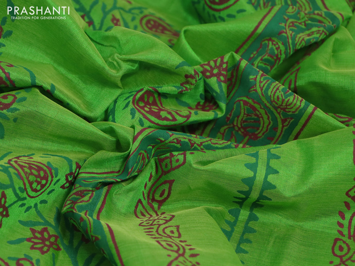 Silk cotton block printed saree parrot green with allover box type butta prints and printed border