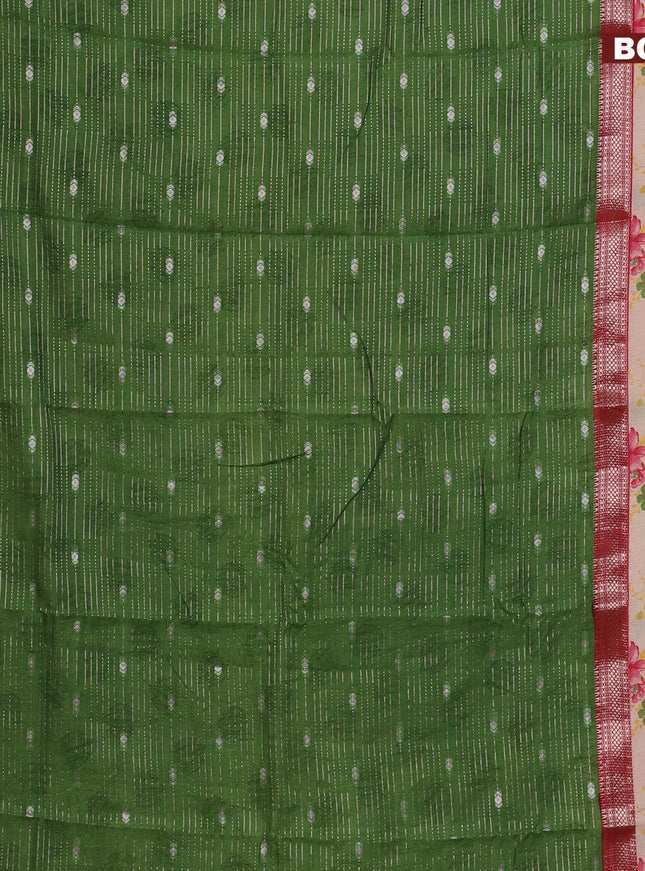 Assam silk saree green and red shade with allover zari strips and rettapet zari woven floral printed border
