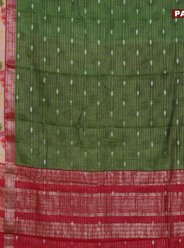 Assam silk saree green and red shade with allover zari strips and rettapet zari woven floral printed border