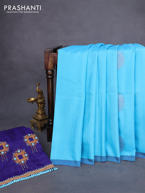Pure kanchipuram silk saree light blue and dark blue with zari woven geometric buttas and piping border - aari work blouse