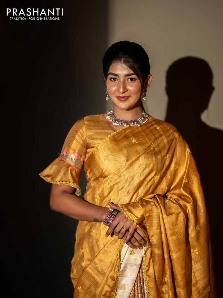 Semi tussar partly saree mustard shade with thread woven buttas & ajrakh prints and lace work border & pichwai printed pallu