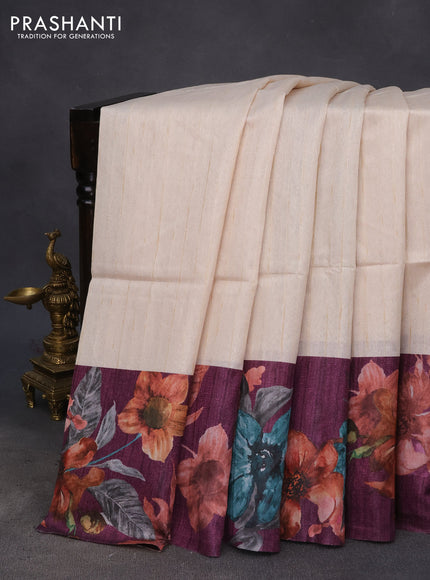 Semi tussar saree cream and deep purple with plain body and floral digital printed border