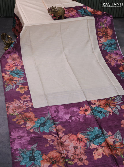 Semi tussar saree cream and deep purple with plain body and floral digital printed border