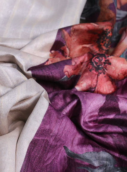 Semi tussar saree cream and deep purple with plain body and floral digital printed border